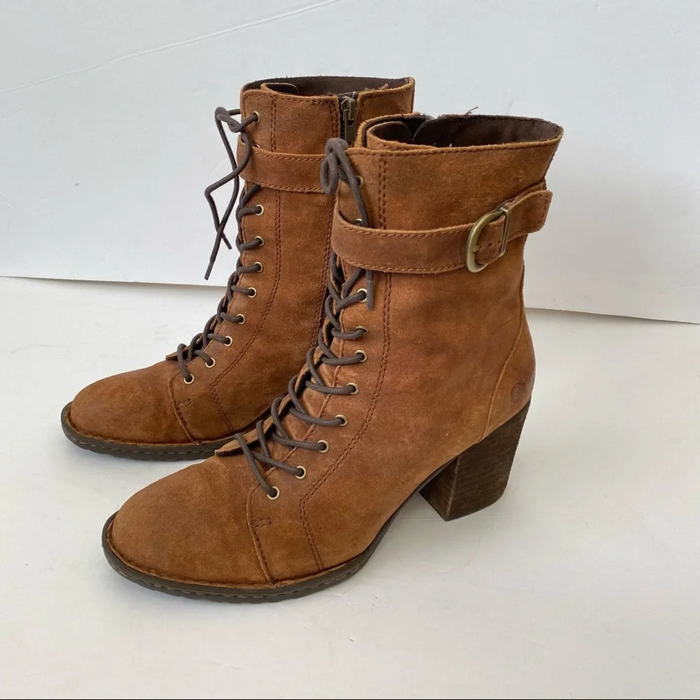 Born Cass Block Heel Lace Up Suede Boots Tan Size 9.5
